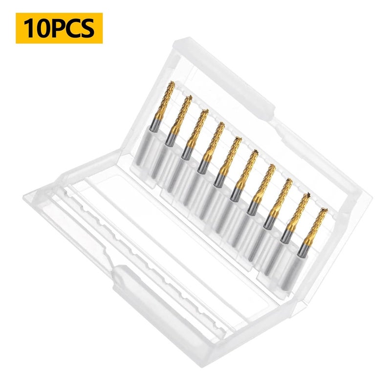 WEXWE Tools 10Pcs 2.5mm TiN Coating Solid Carbide End Mill Engraving Milling Cutter CNC Router Bits for PCB Machine, 1/8" Shank 1BOX - Image 2